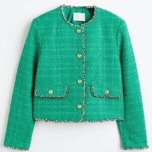 H&M Emerald Green Tweed Jacket Gold Buttons Fringe Trim XS Chanel Balmain NWT